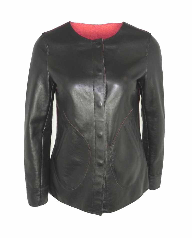Damen Lederjacke SU LAMMNAPPA SCHWARZ kragenlos