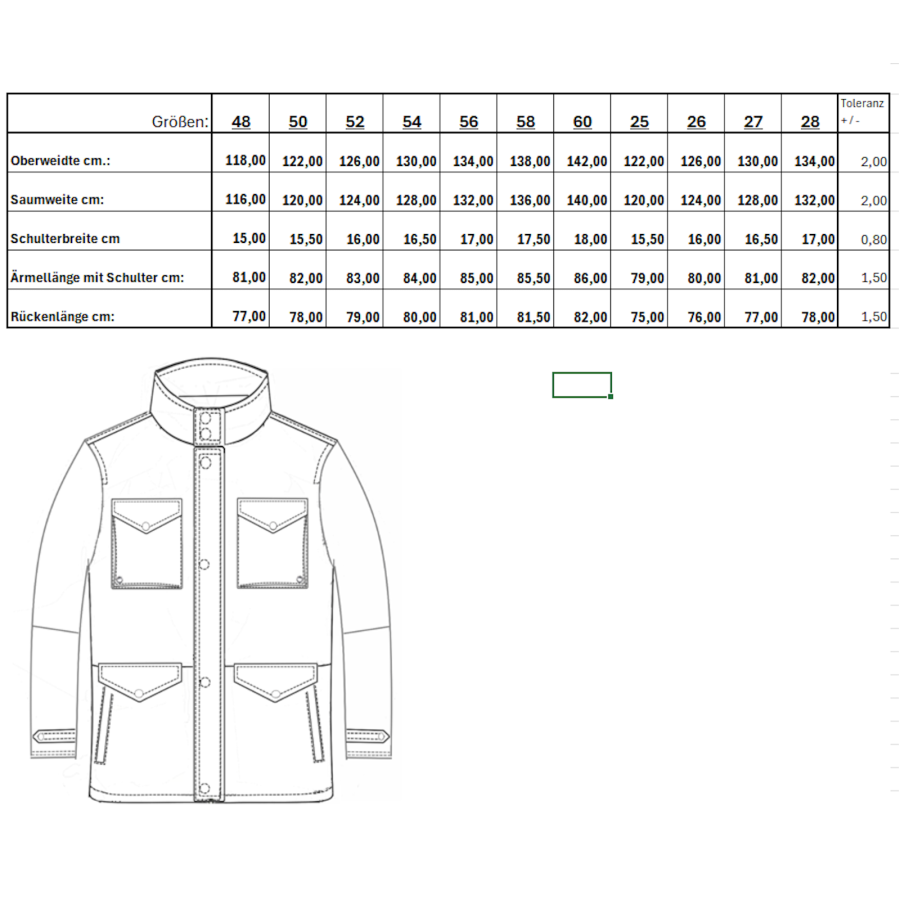 Maße der Herren Lederjacke KARL mit Skizze
