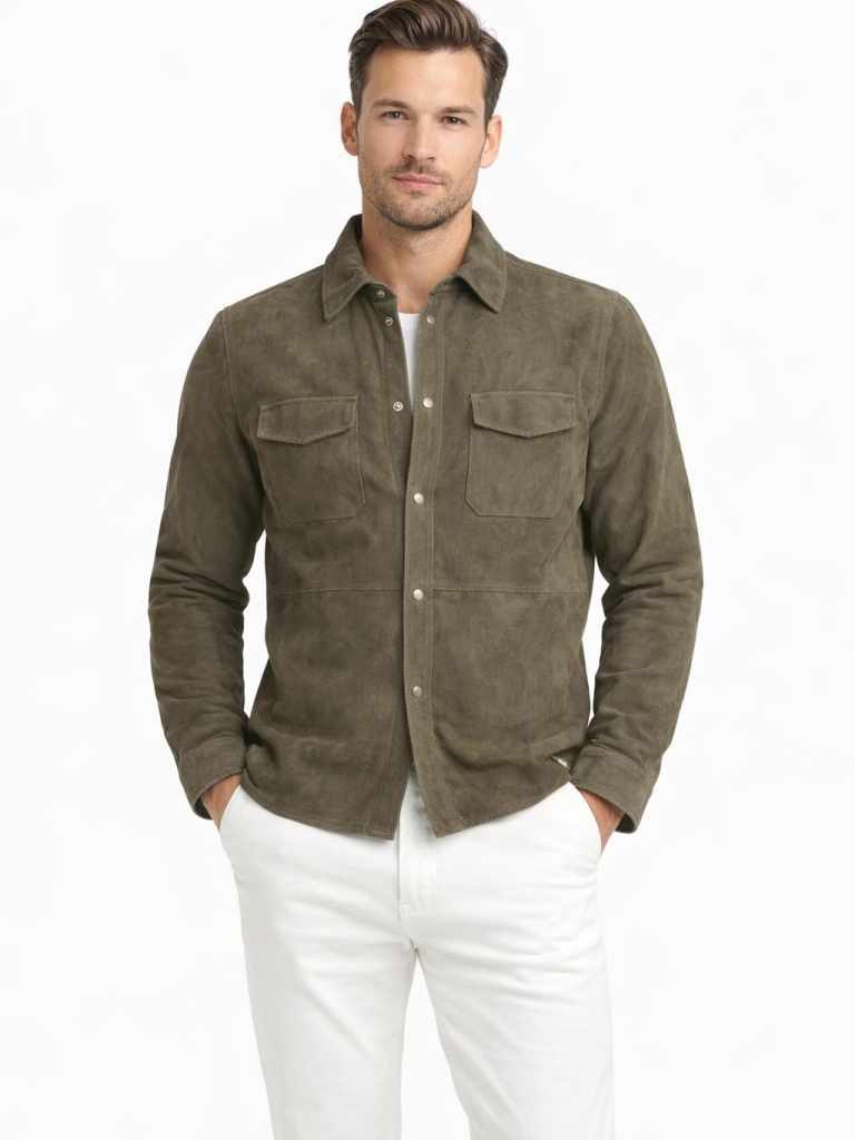 Herren Lederhemdjacke Ziegenvelours Oliv- Modell FINN